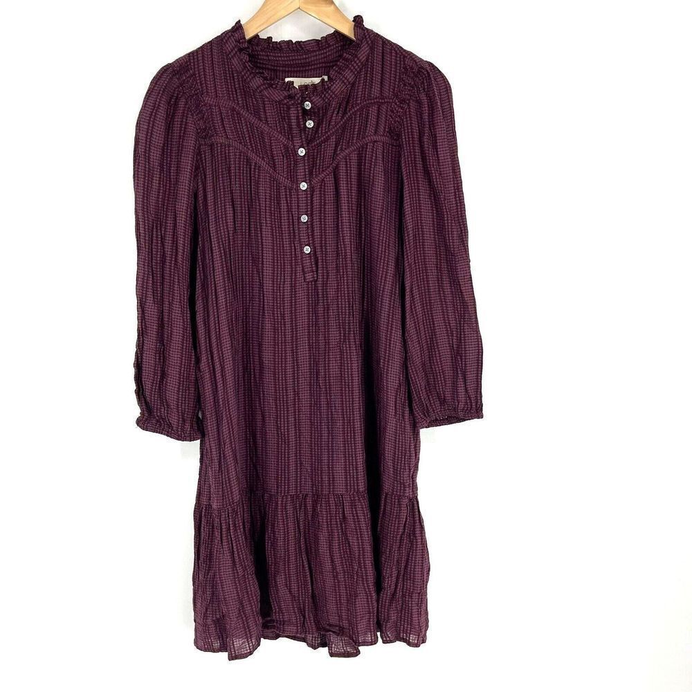LOFT Dress Size Medium Maroon Check Ruffle Prairie Pleated Button Drop Waist